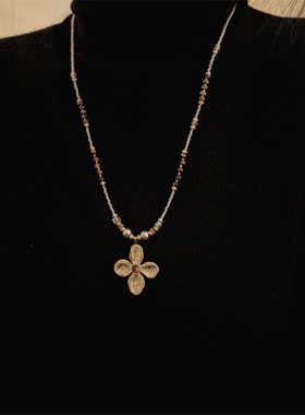 秋冬百搭复古美拉德虎眼石串珠项链2025新款时尚毛衣链百搭颈链