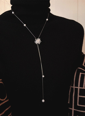 韩系烟花珍珠流苏项链女时尚高级感精致百搭可抽拉毛衣链颈链