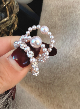 S家镶钻珍珠戒指小众设计弹力指环气质百搭叠戴精致高级感指戒