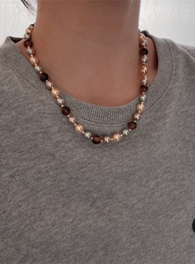 法式复古美拉德虎眼石混彩珍珠串珠磁吸项链女秋冬百搭时尚简约锁