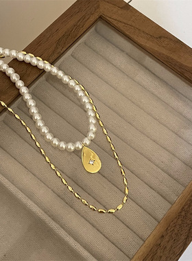时尚锆石水滴珍珠项链女ins风轻奢小众双层锁骨链高级感套装