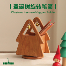 Zoomily Christmas tree swivel pen holder desktop box containing solid wood New Years birthday companion student start gift