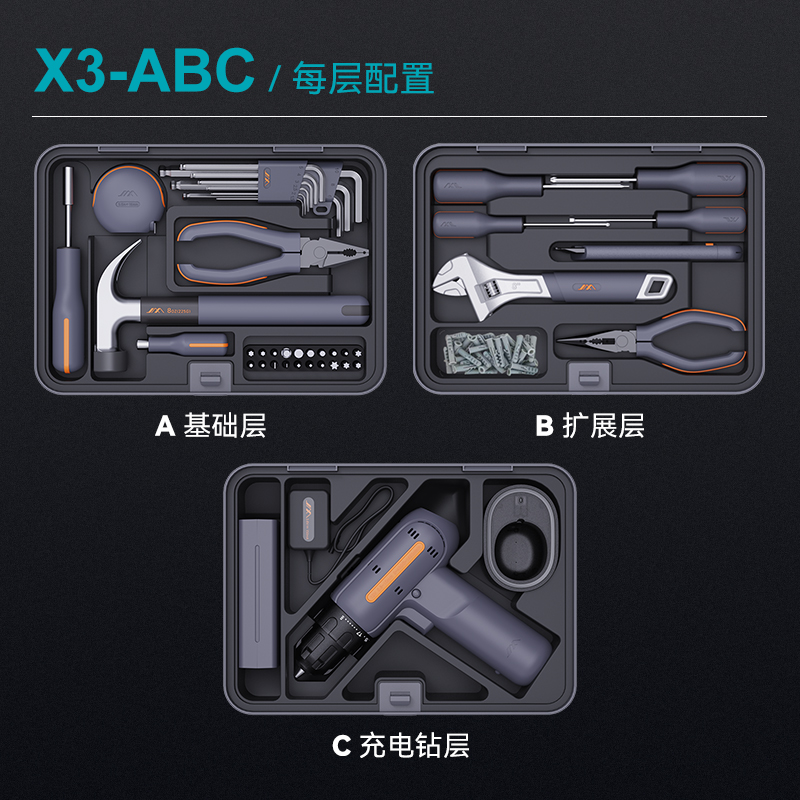 X3-ABC工具套装大全五金多功能全套家用工具箱分层组合 - 图1