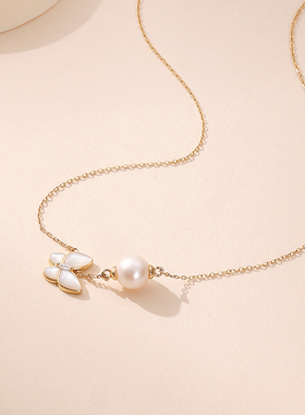 天然淡水珍珠蝴蝶金色项链