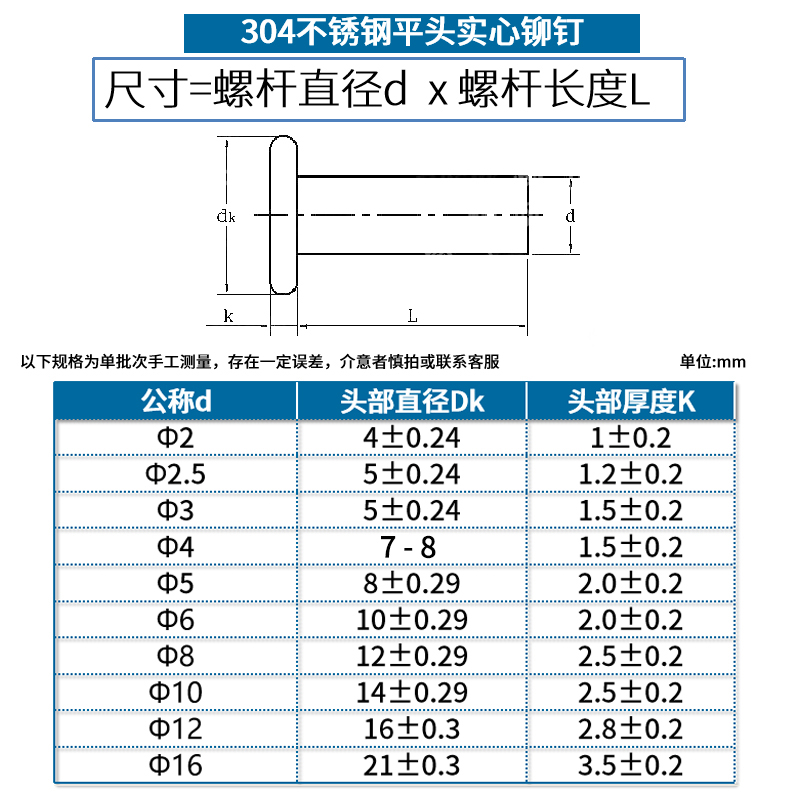 304不锈钢铆钉不锈钢平头实心铆钉敲击式平帽柳丁M2M3M4M5M6 - 图1