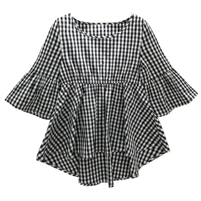 Black and white cropped plaid shirt with short front and long back