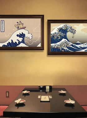 恶搞神奈川冲浪里挂画日料餐厅墙面装饰画和风浮世绘寿司店壁画