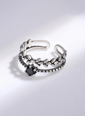 简约创意黑曜石树叶戒指韩版森系双层叶子开口戒指环饰品厂家