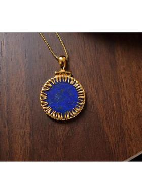 小众设计感925银镀金克莱因蓝天然原矿青金石太阳神圆牌项链男款