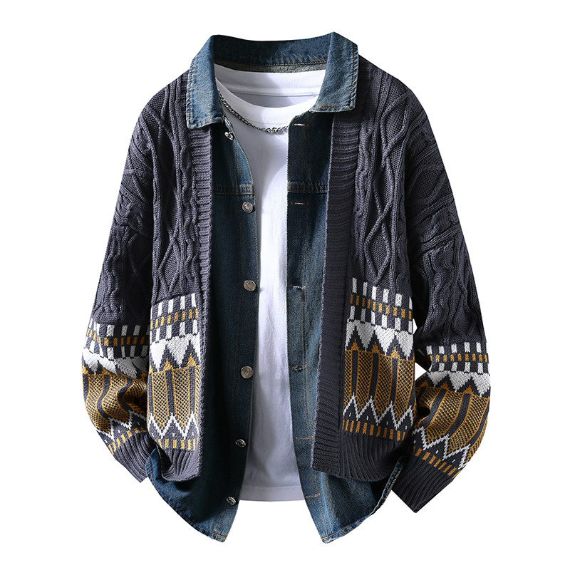 唐狮集团Desso针织衫外套男生春秋季设计感宽松夹克牛仔拼接毛衣,淘宝优惠券,粉丝福利购,淘宝优惠卷