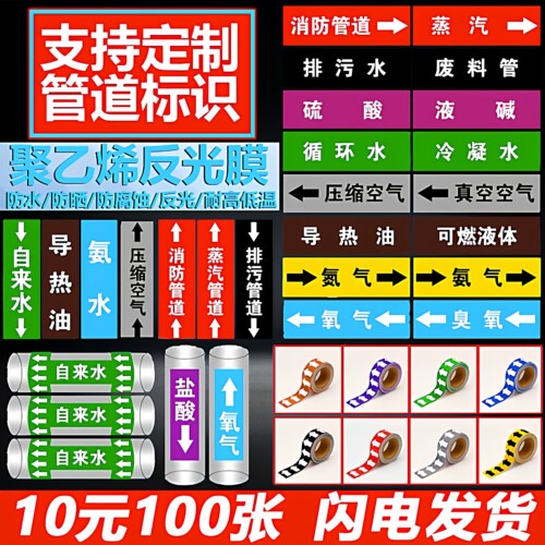 定制管道标识贴纸工业化工消防管道名称介质流向箭头标签贴国标反光膜自来水进压缩空气蒸气管路色环警示胶带 - 图1