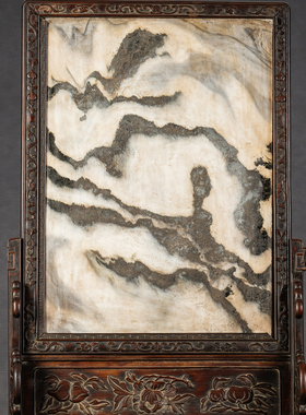 红木镶云石浮雕寿桃大插屏