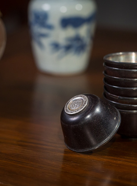 清代银内胆紫檀杯成套古董文玩