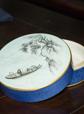 清代蓝釉山水纹盖盒 中式装饰摆件 瓷器盖盒 首饰盒古董摆件收藏