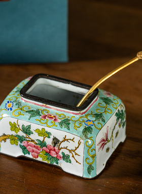 铜胎画珐琅花鸟纹方形水盂