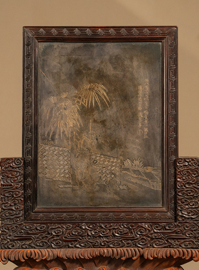 红木及黄杨木边座镶银插屏