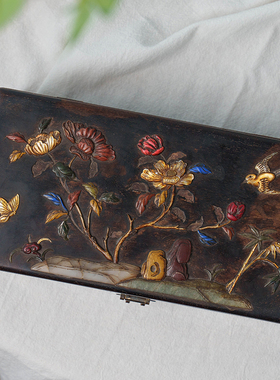 清代紫檀百宝嵌花鸟纹文房盒