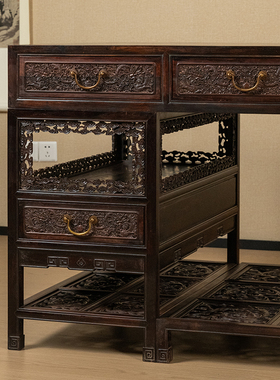 紫檀满雕云龙纹架几书案