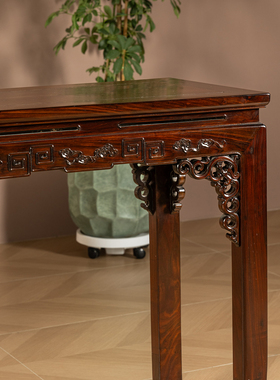 红木束腰马蹄腿灵芝回纹独板条桌