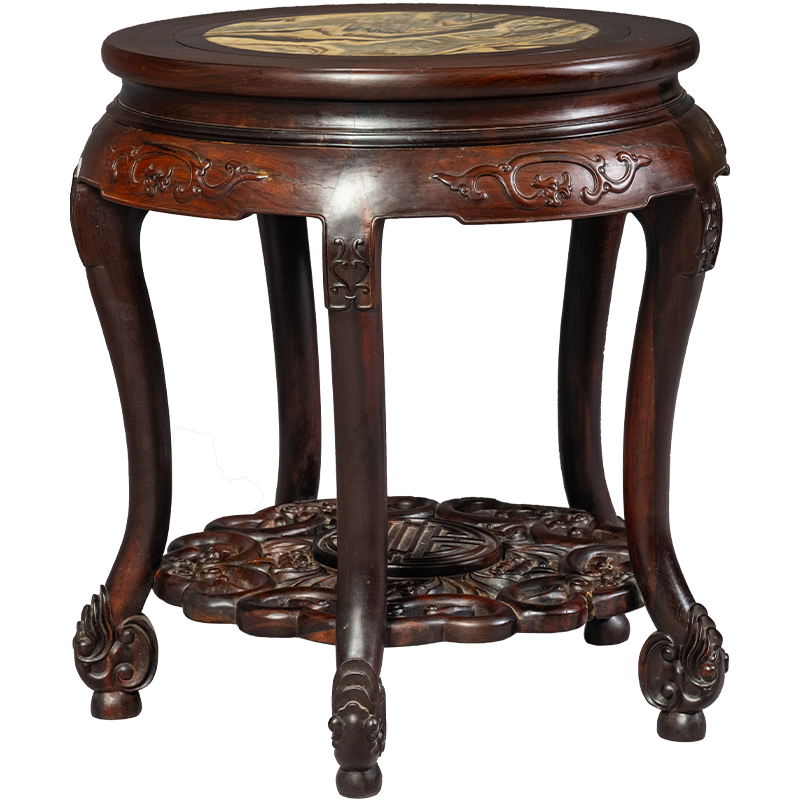 Mahogany inlaid with marble three-curved legs and five-legged living surface round table