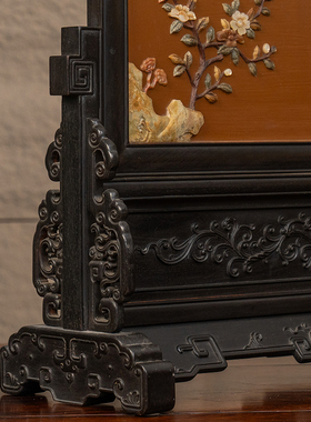 红木镶漆地百宝嵌花鸟纹插屏