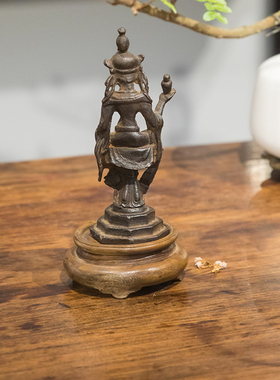 清代铁制自在观音像（黄杨座）文玩古董收藏客厅供奉摆件观音像