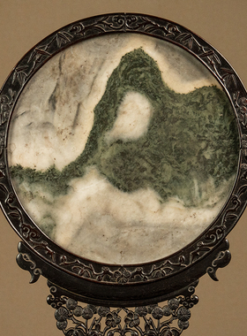 紫檀镶云石透雕松竹梅圆形插屏