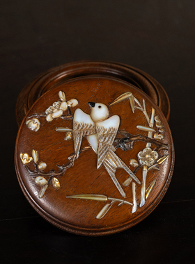 清早期黄花梨百宝嵌花鸟圆香盒