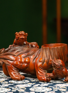黄杨木雕瑞兽香薰（红木座）