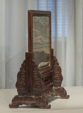 清代红木镶云石回纹打洼插屏文玩古董收藏客厅中式艺术品插屏摆件