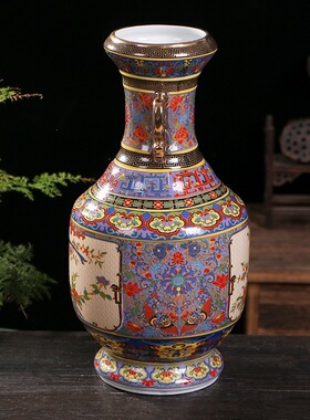 仿古中式瓷器珐琅彩开窗双耳花鸟赏瓶景德镇家居客厅陶瓷花瓶摆件