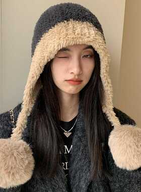 冬季防寒大头围毛绒挂球护耳帽女