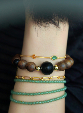 良器丨12MM大珠子沉香墨玉手串男女 仿古设计木质手串手链DIY