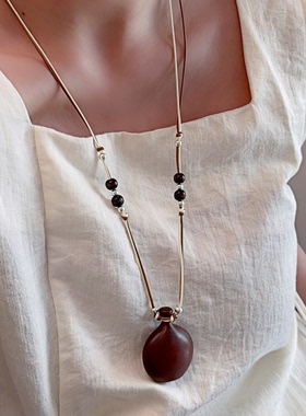 慰风尘天然黑紫檀木酒壶项链新中式复古风长款毛衣链小众国风配饰