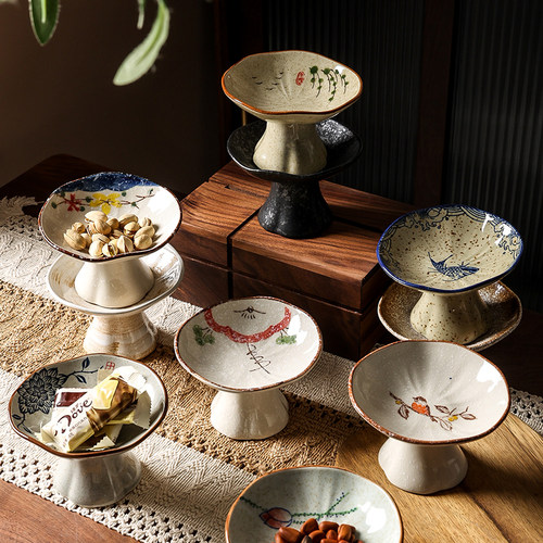 中式餐具茶高脚碟精致小点心茶点盘子复古陶瓷碟子盘高级托盘日式 - 图0