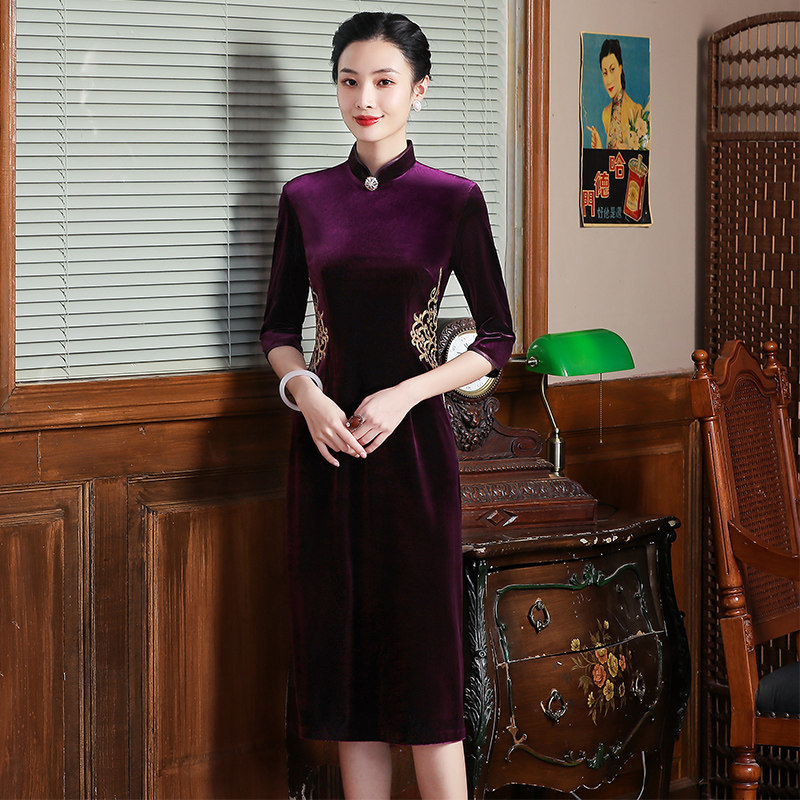 婚礼妈妈母亲装金丝绒旗袍喜连衣裙 茗绣旗袍