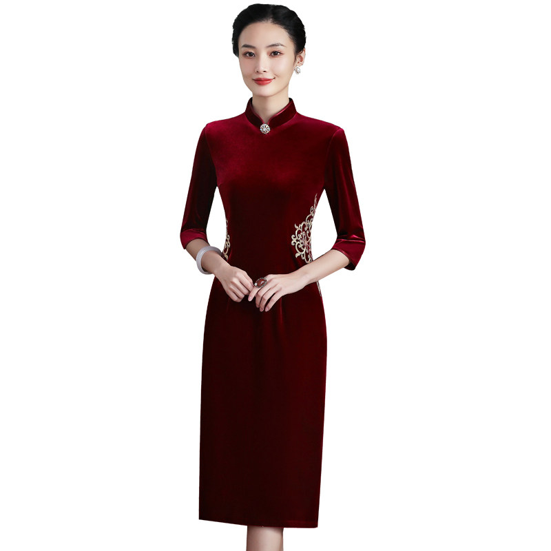 婚礼妈妈母亲装金丝绒旗袍喜连衣裙 茗绣旗袍