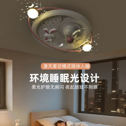 儿童房女孩风扇灯2026新款360度摇头静音卡通公主护眼星空电扇灯 - 图0