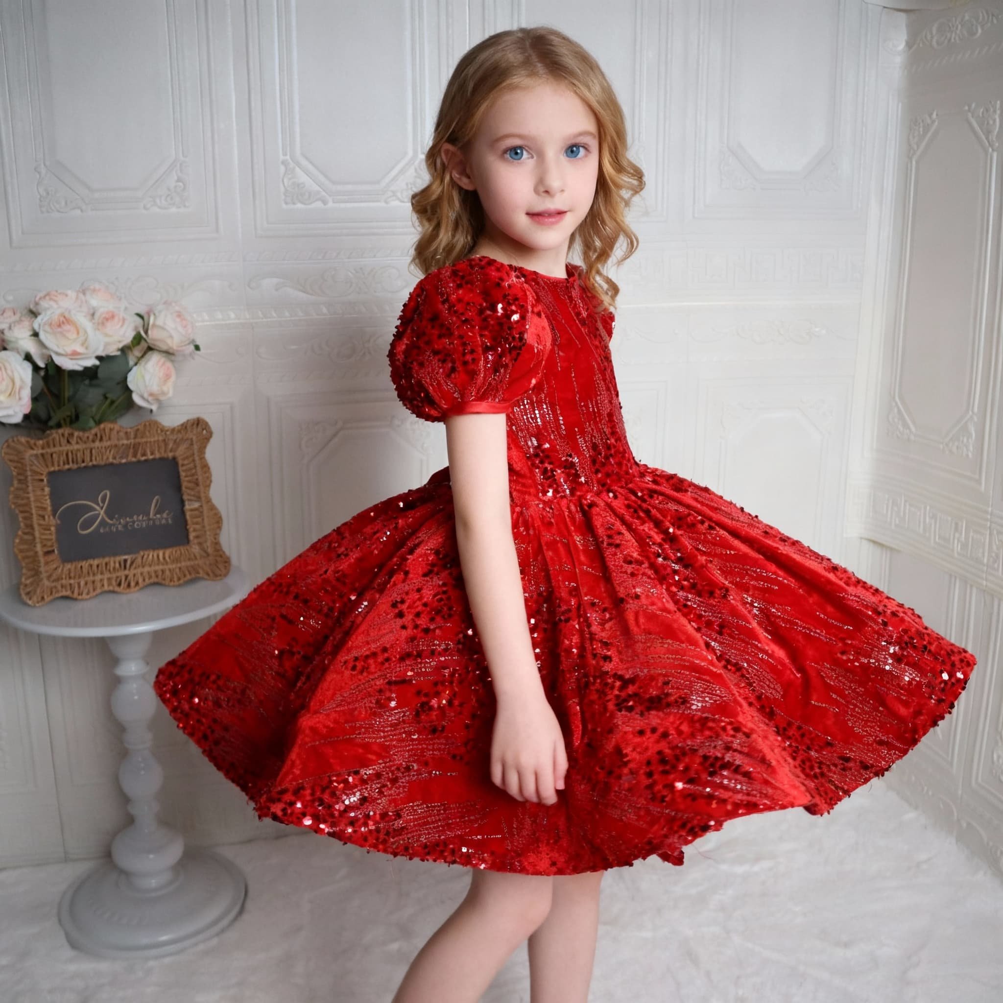 欣入荷红色亮片泡泡袖公主裙女童花童喜庆演出服蓬蓬裙儿童礼服潮,淘宝优惠券,粉丝福利购,淘宝优惠卷