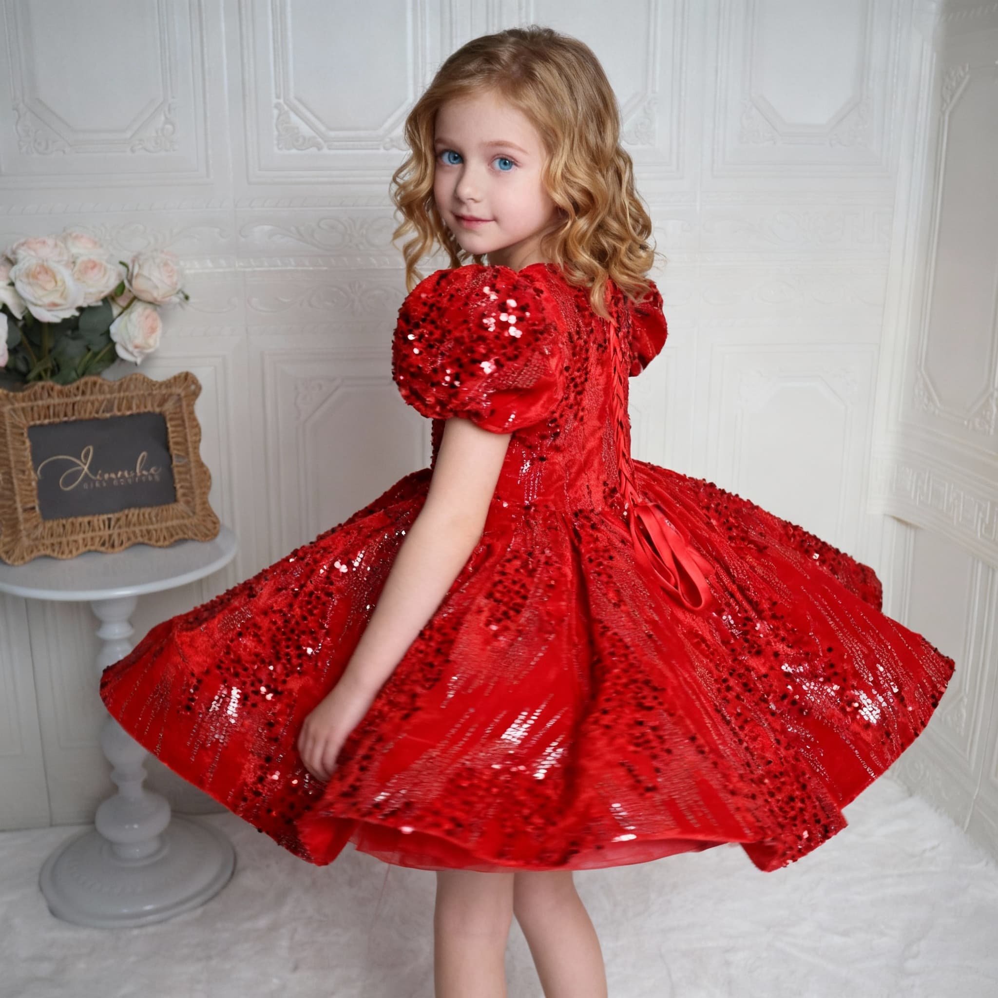 欣入荷红色亮片泡泡袖公主裙女童花童喜庆演出服蓬蓬裙儿童礼服潮,淘宝优惠券,粉丝福利购,淘宝优惠卷