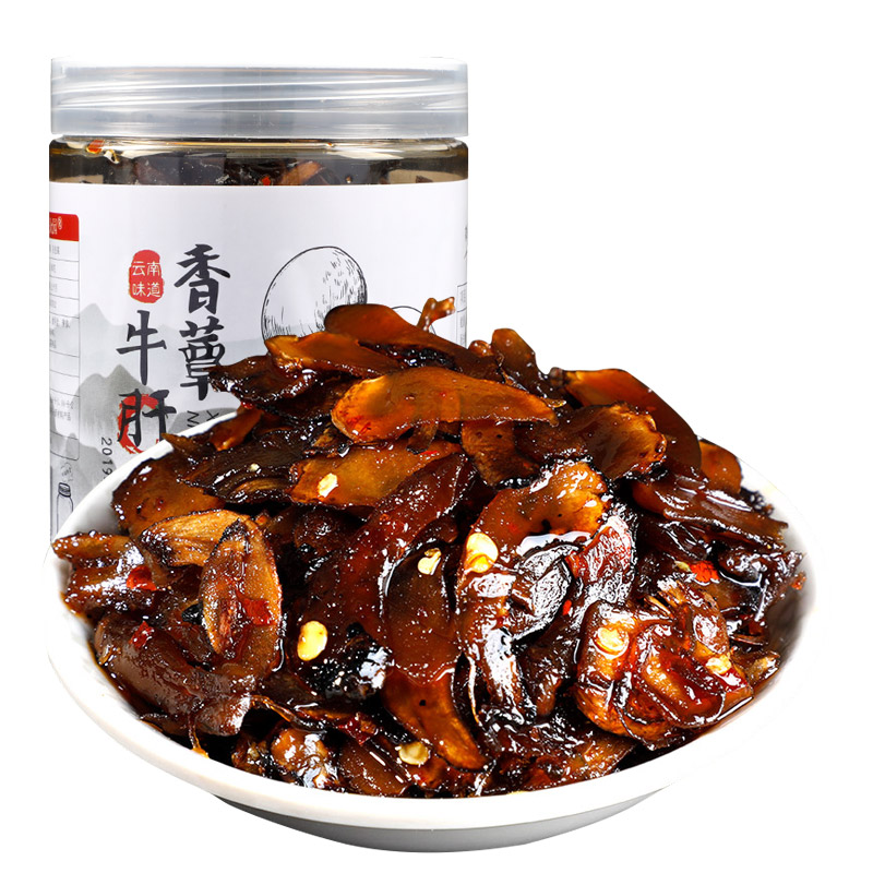 云南特产香蕈油牛肝菌即食500g瓶装麻辣香辣零食小吃下饭菜 - 图0