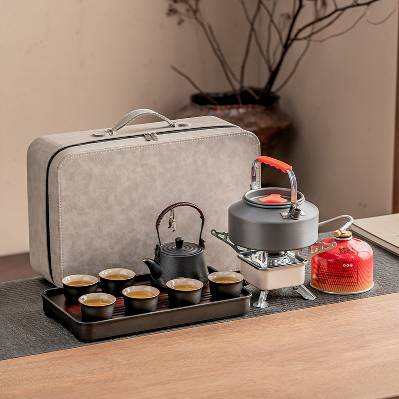 Stoneware kettle, multi-cup tea tray, outdoor set including travel bag, tea maker, cassette stove, portable tea set