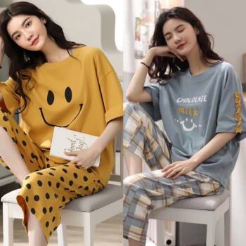 Pyjamas for women summer style 100% ພາກຮຽນ spring and autumn short-sleeved cropped pants 2024 new size size can be wear outside home clothes