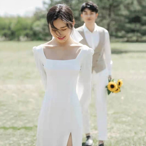 法式轻婚纱气质领证简约长袖小白裙旅拍缎面连衣裙订婚回门小礼服 - 图2