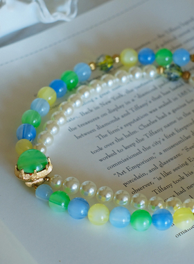 vintage Coro 蓝色 绿色 串珠 珍珠 双层 项链