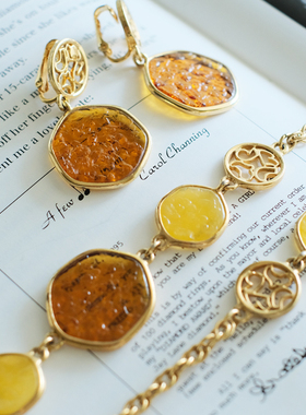 艺伎的胭脂 vintage Sarah Coventry橙色 耳夹 项链 套装