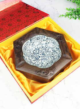 烟灰缸中式青花瓷实木红木大号