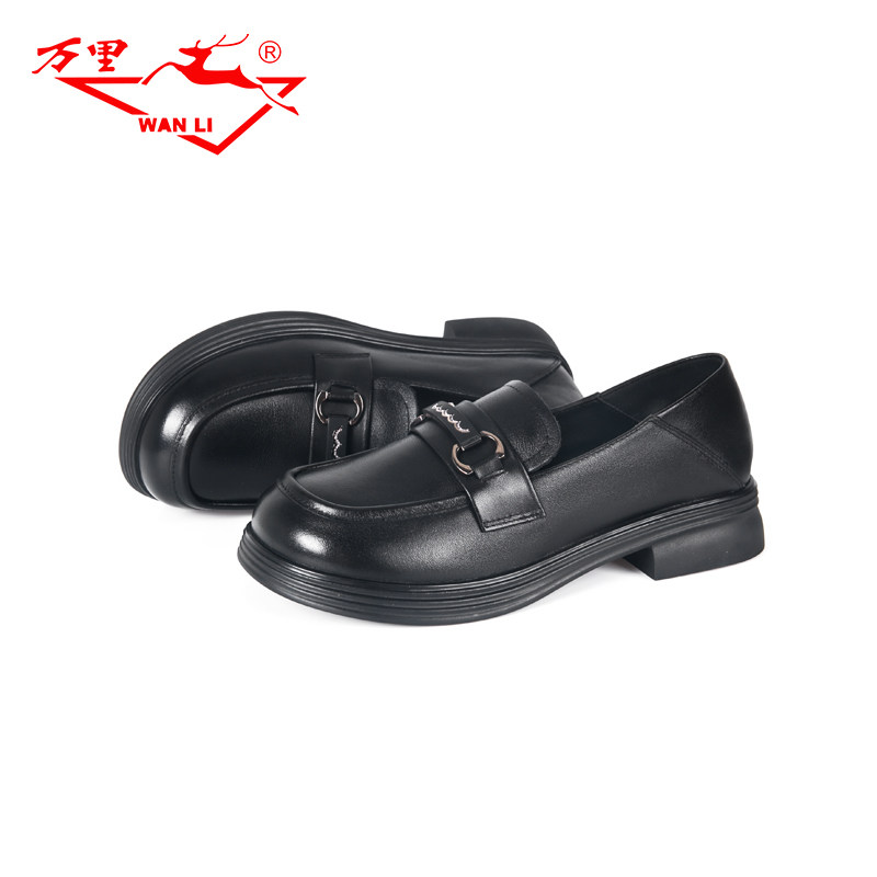 万里新款真皮单鞋时尚粗跟乐福鞋简约女鞋百搭圆头低帮鞋BDT2227,淘宝优惠券,粉丝福利购,淘宝优惠卷