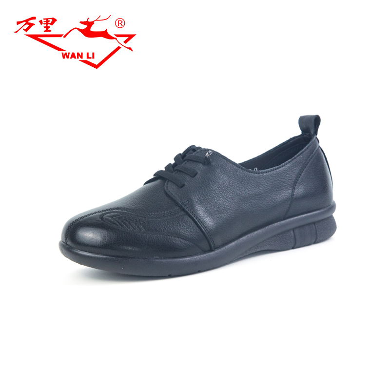 新款舒适单鞋系带女鞋真皮平底浅口宽头低跟圆头单鞋SYT2879 - 图0