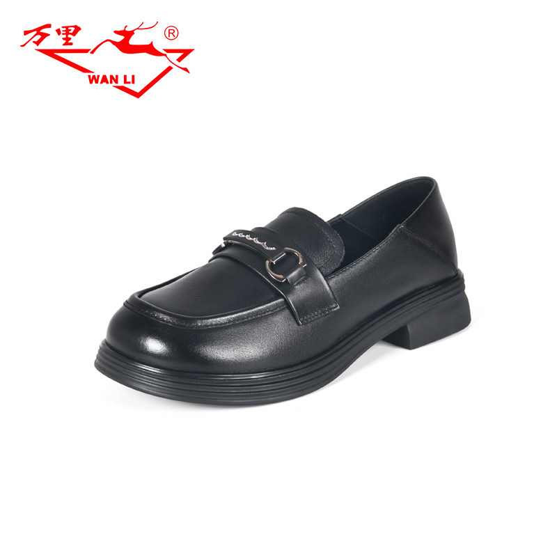 万里新款真皮单鞋时尚粗跟乐福鞋简约女鞋百搭圆头低帮鞋BDT2227,淘宝优惠券,粉丝福利购,淘宝优惠卷